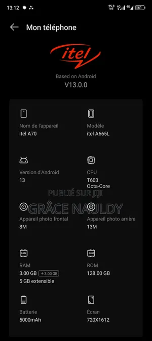 Itel A70 128 GB Noir