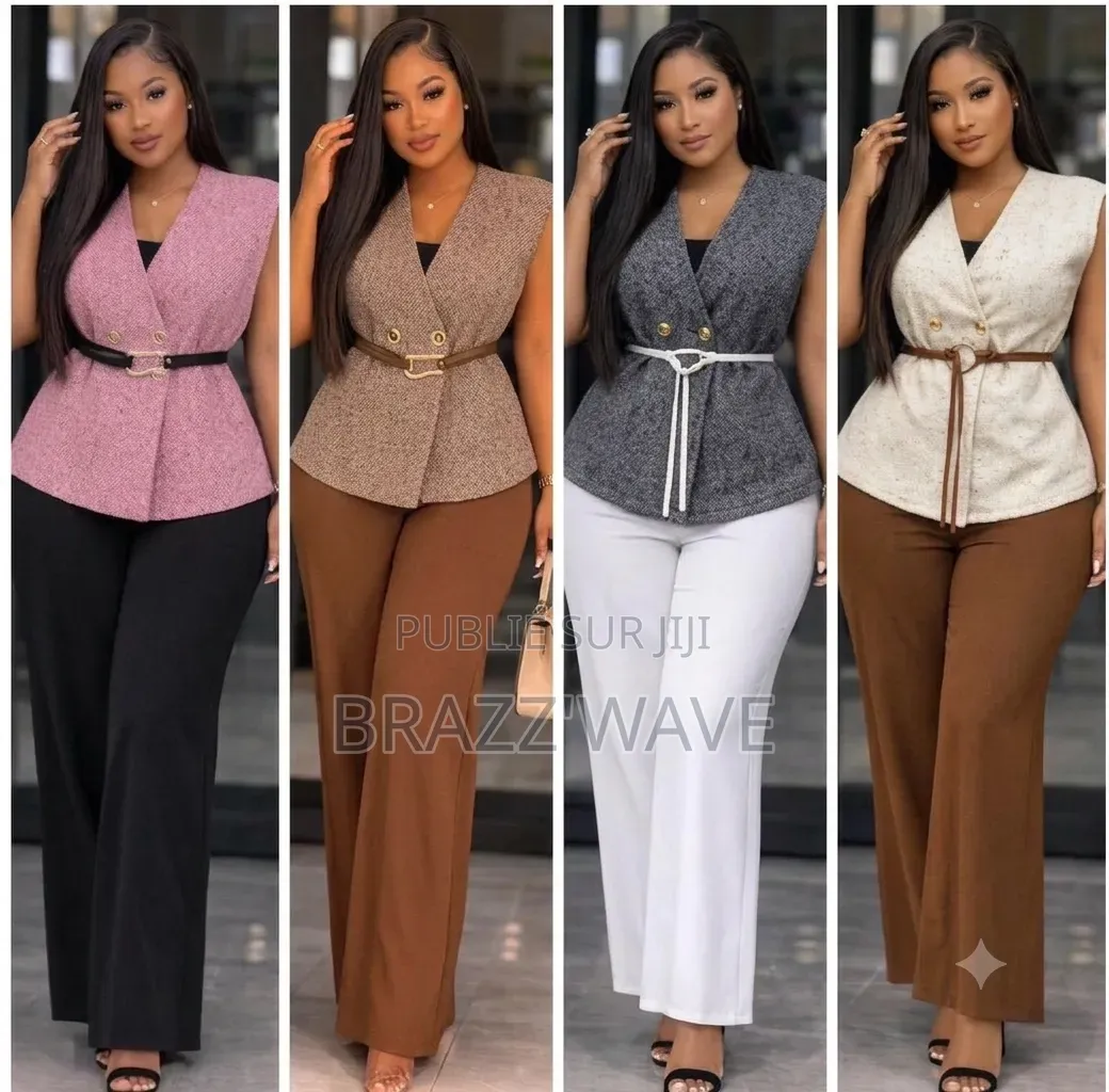 Ensemble Femme Chic Ceinturé – Veste Sans Manches Pantalon Large