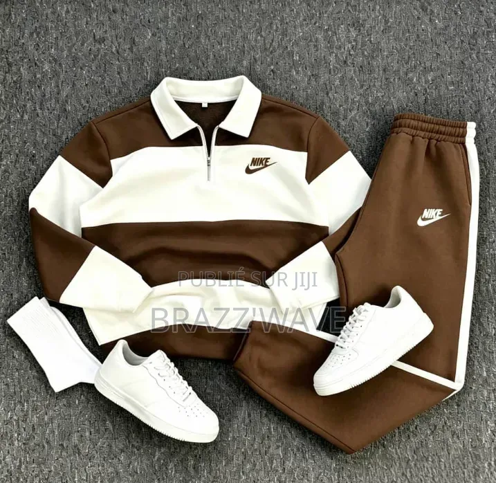 Ensemble Jogging Homme Marron Et Blanc Col Polo