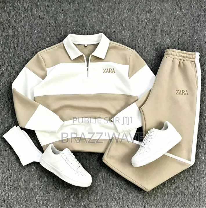 Ensemble Jogging Homme Beige Et Blanc Col Polo
