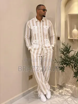 Ensemble Chemise Pantalon Homme Rayé Jaune Et Blanc