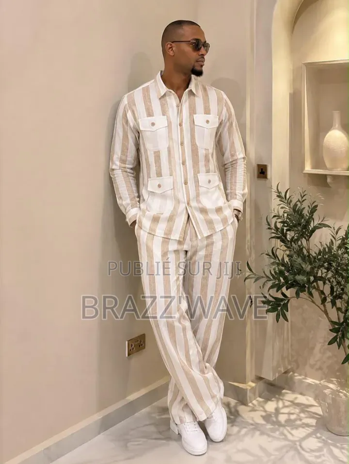 Ensemble Chemise Pantalon Homme Rayé Jaune Et Blanc