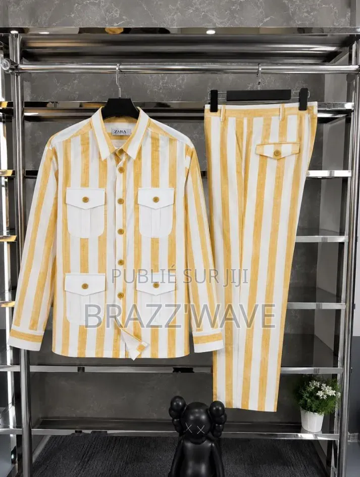 Ensemble Chemise Pantalon Homme Rayé Jaune Et Blanc