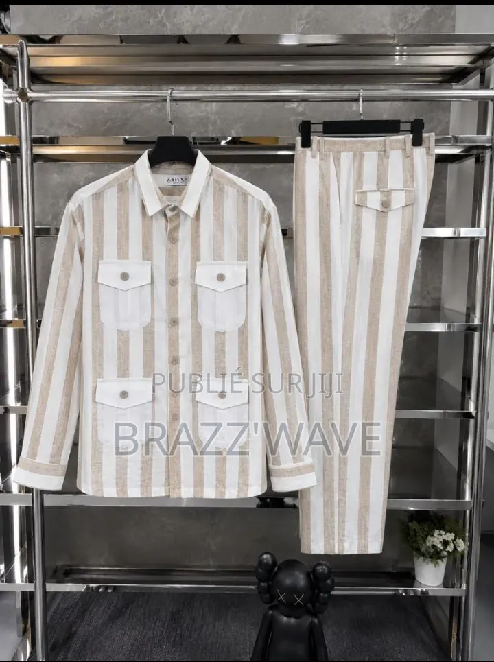 Ensemble Chemise Pantalon Homme Rayé Jaune Et Blanc
