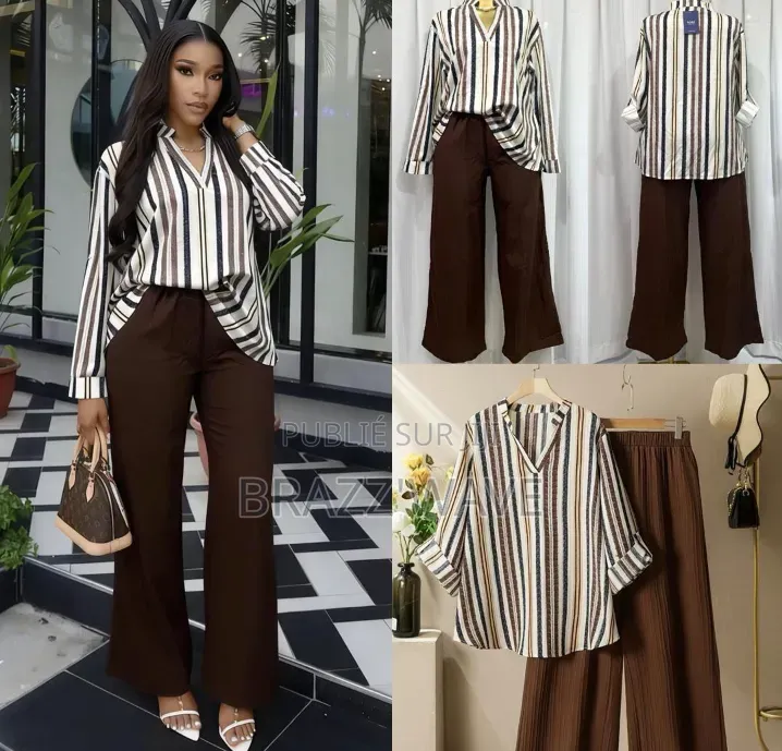 Ensemble Chemise Rayée Et Pantalon Large Marron