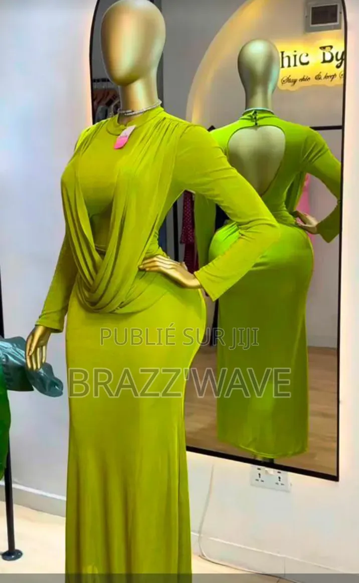 Robe Longue Moulante Dos Nu Drapé Vert Anis