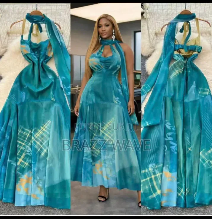 Robe Longue Bustier Imprimée Turquoise Avec Foulard