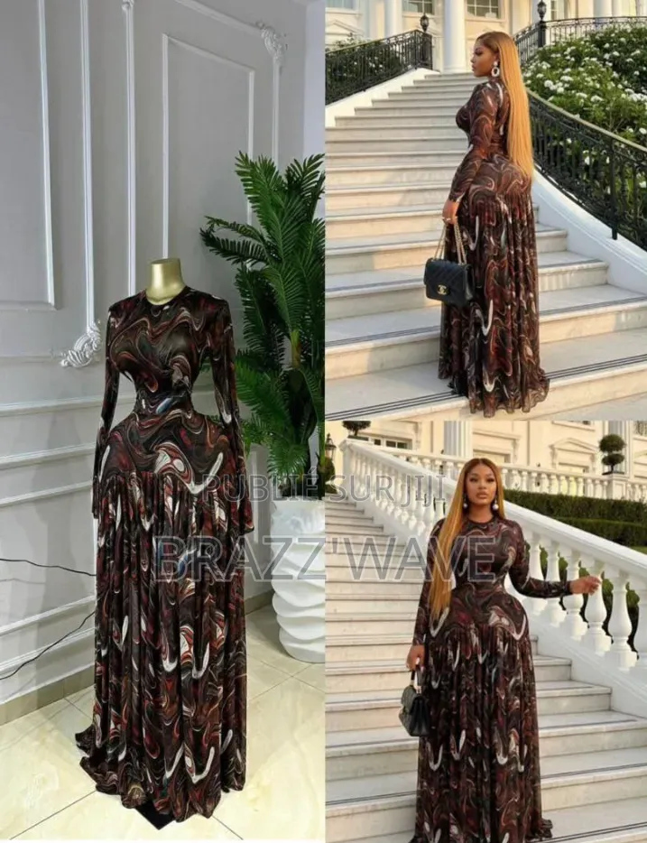 Robe Longue Imprimée Marron Multicolore