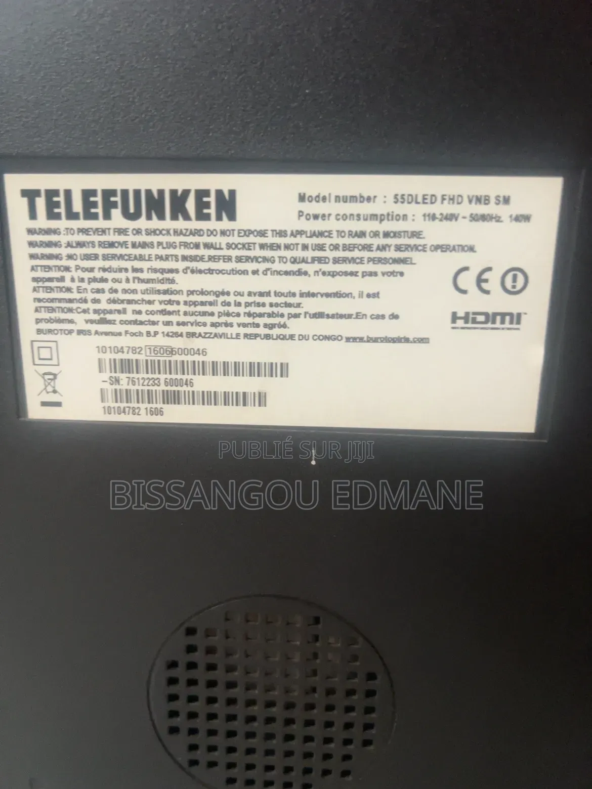 TV Telefunken, Modèle 55dled FHD VNB Sm. Avec Écran Cassé