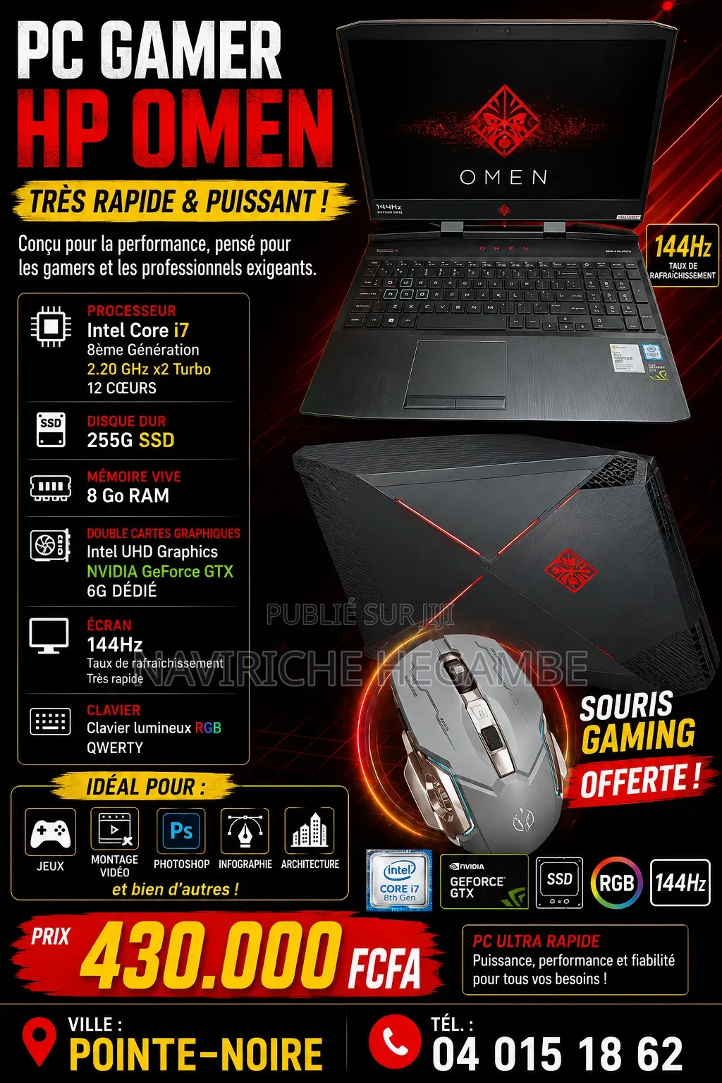 Nouveau Ordinateur portable HP Omen 15 8GB Intel Core i7 HDD+SSD 256GB