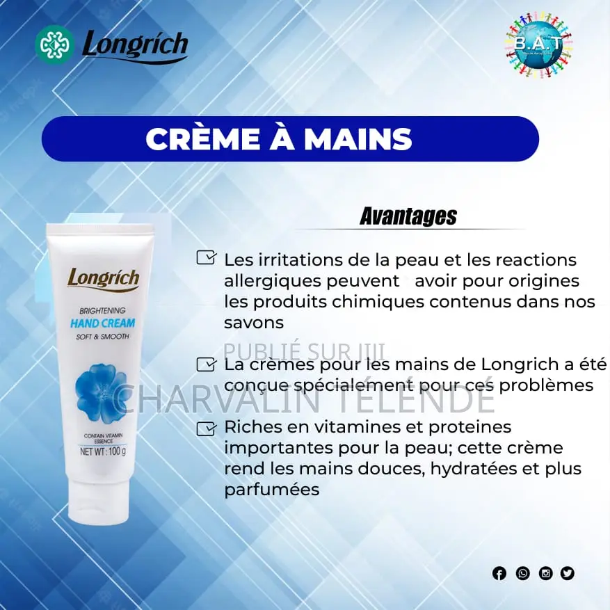 Crème À Mains Longrich – Hydratante Adoucissante – 100 G