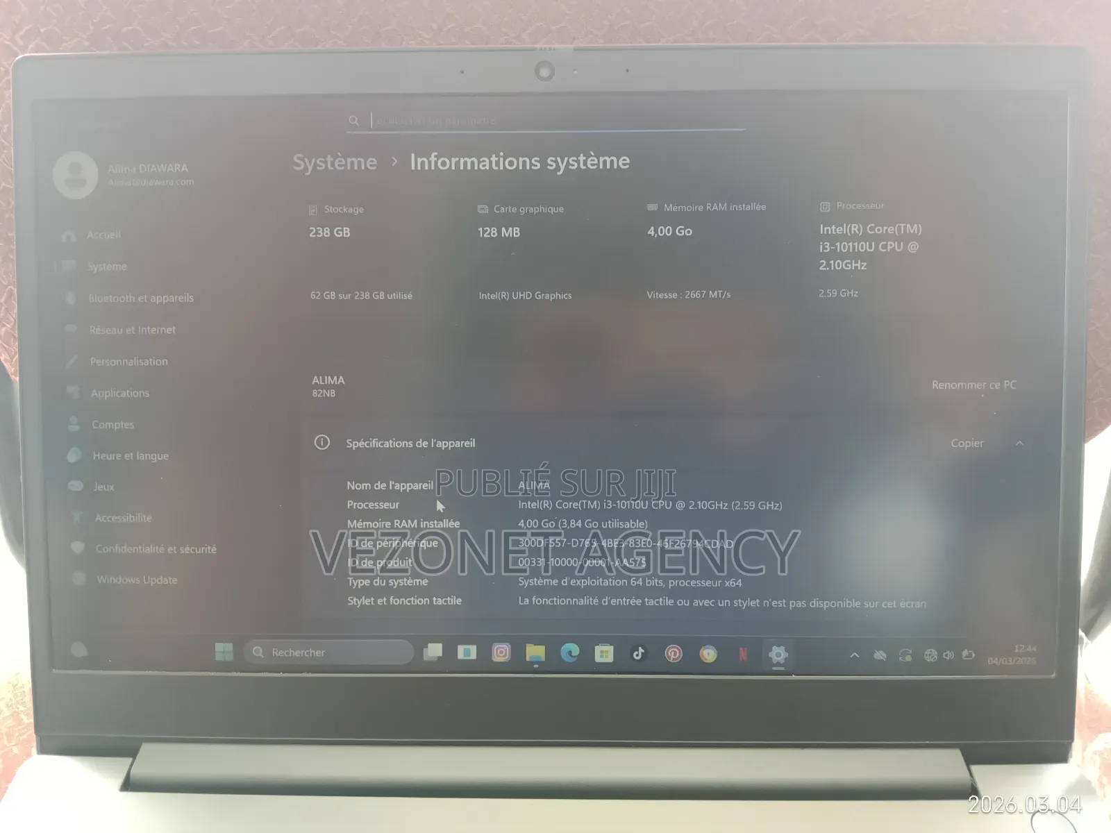 Ordinateur portable Lenovo V15 8GB Intel Core i3 SSD 250GB