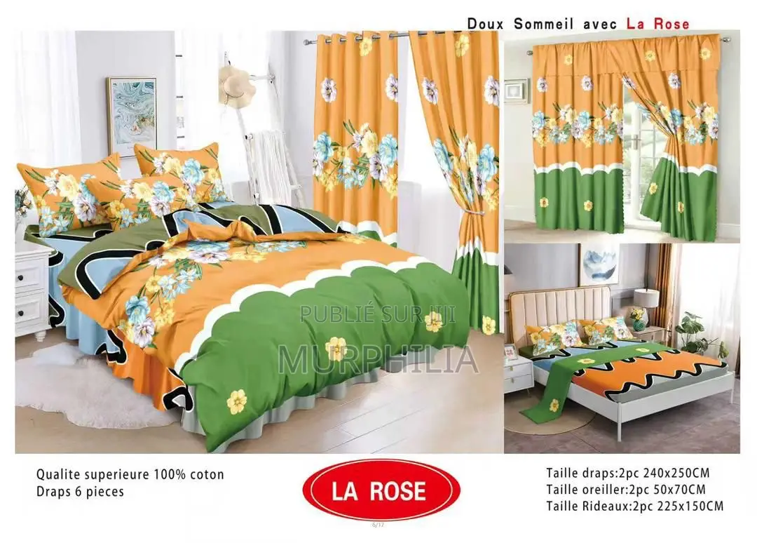 Ensemble Complet 6 Pièces : 2 Draps, 2 Taies Et 2 Rideaux - 100% Coton