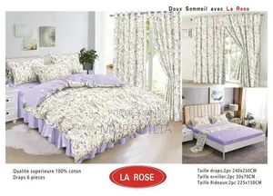 Ensemble Complet 6 Pièces : 2 Draps, 2 Taies Et 2 Rideaux - 100% Coton