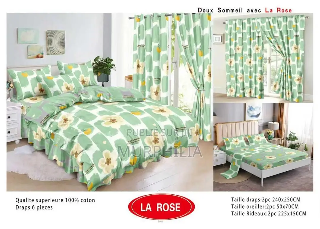 Ensemble Complet 6 Pièces : 2 Draps, 2 Taies Et 2 Rideaux - 100% Coton