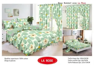 Ensemble Complet 6 Pièces : 2 Draps, 2 Taies Et 2 Rideaux - 100% Coton