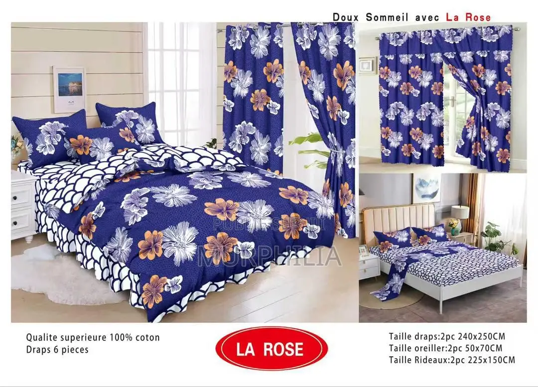 Ensemble Complet 6 Pièces : 2 Draps, 2 Taies Et 2 Rideaux - 100% Coton