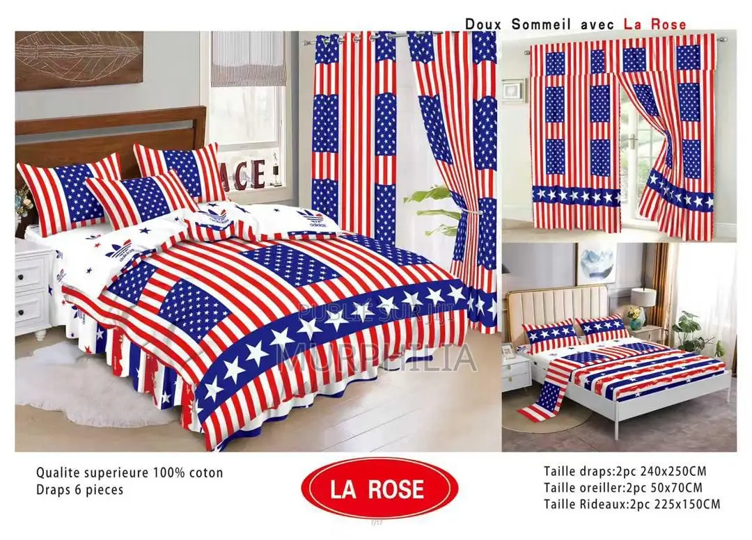 Ensemble Complet 6 Pièces : 2 Draps, 2 Taies Et 2 Rideaux - 100% Coton