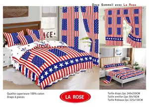 Ensemble Complet 6 Pièces : 2 Draps, 2 Taies Et 2 Rideaux - 100% Coton