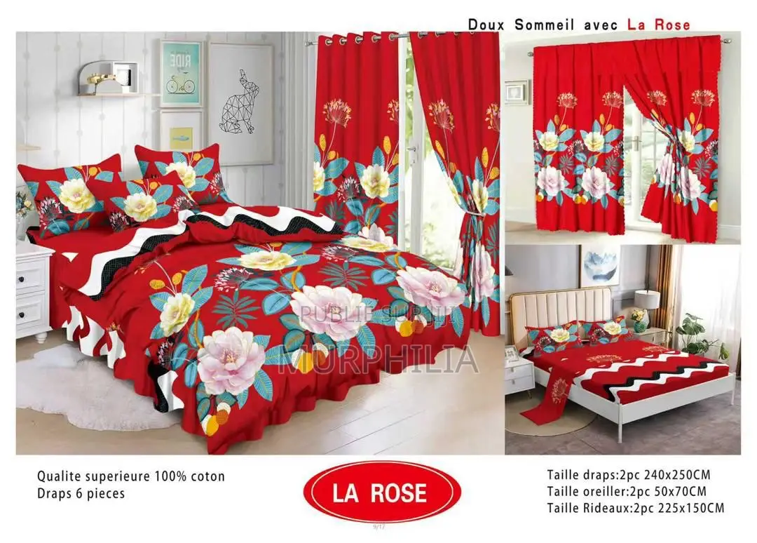 Ensemble Complet 6 Pièces : 2 Draps, 2 Taies Et 2 Rideaux - 100% Coton