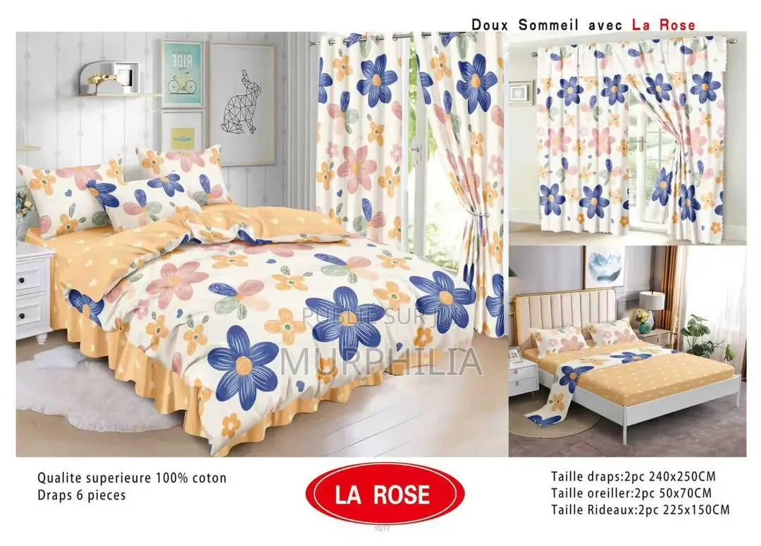 Ensemble Complet 6 Pièces : 2 Draps, 2 Taies Et 2 Rideaux - 100% Coton