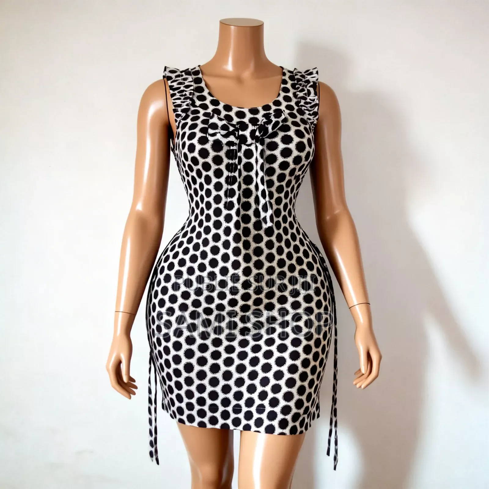 Robe Courte Trapèze À Pois Noirs Élégante Sans Manches