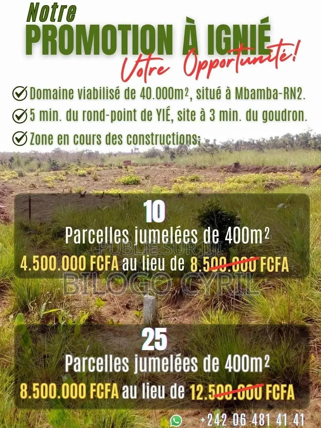 Promo Vente À Ignié. 10 À 25 Parcelles Jumelées De 400m2 Sécurisées