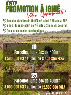 Promo Vente À Ignié. 10 À 25 Parcelles Jumelées De 400m2 Sécurisées