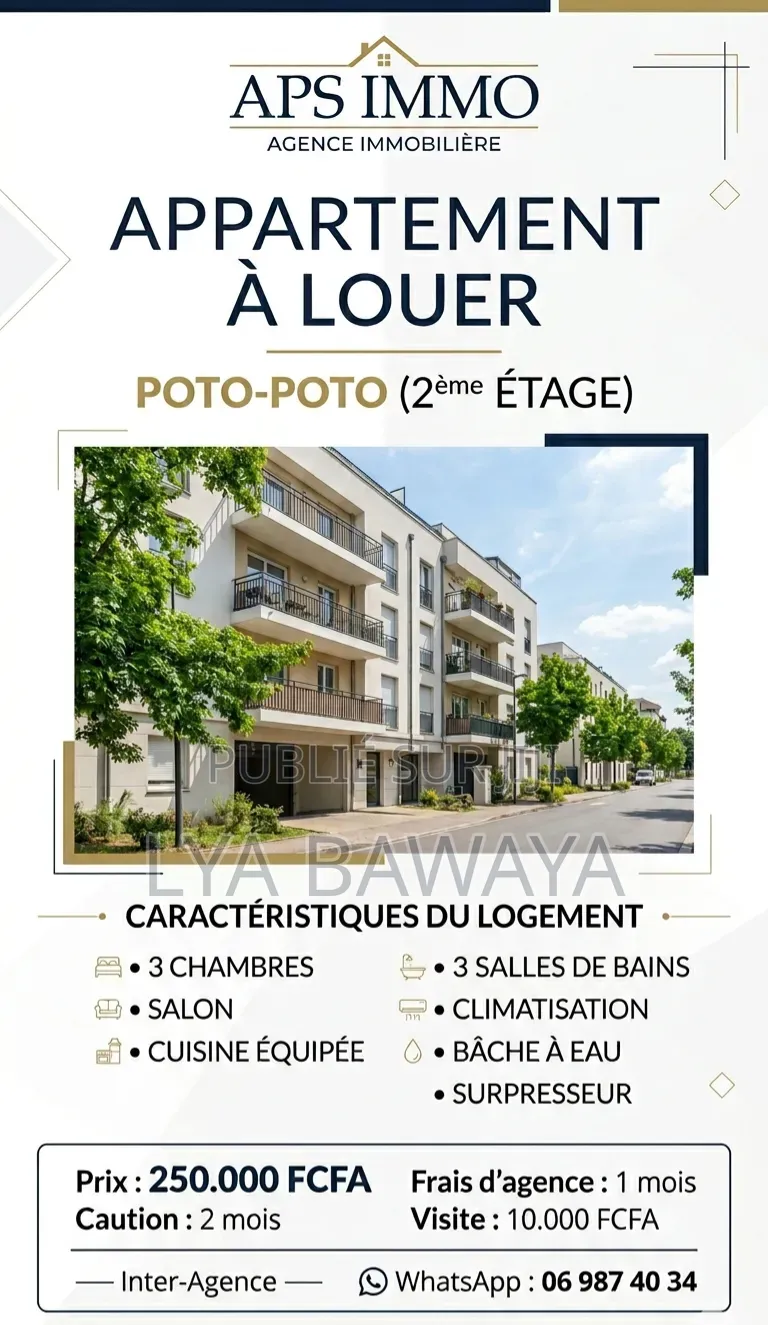 3chbre Appartement dans Aps Immo, Poto-Poto à Louer