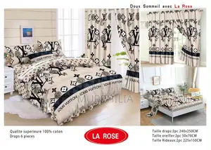 Ensemble Complet 6 Pièces : 2 Draps, 2 Taies Et 2 Rideaux - 100% Coton