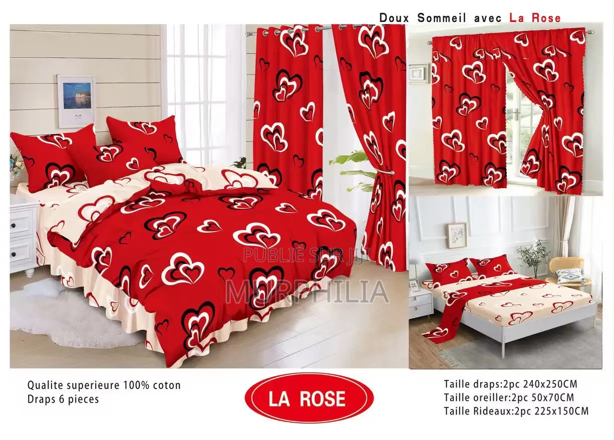 Ensemble Complet 6 Pièces : 2 Draps, 2 Taies Et 2 Rideaux - 100% Coton
