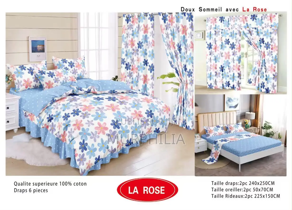 Ensemble Complet 6 Pièces : 2 Draps, 2 Taies Et 2 Rideaux - 100% Coton