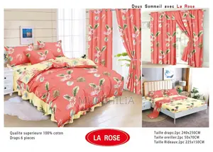 Ensemble Complet 6 Pièces : 2 Draps, 2 Taies Et 2 Rideaux - 100% Coton