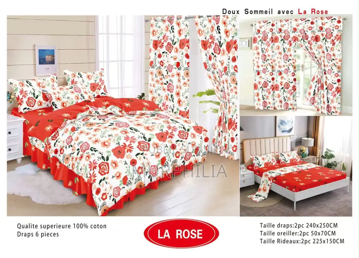 Ensemble Complet 6 Pièces : 2 Draps, 2 Taies Et 2 Rideaux - 100% Coton