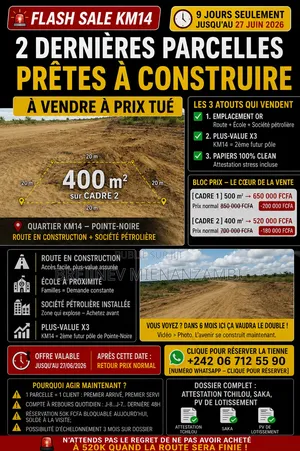 Vente Directe Propriétaire - Km14 Pointe-Noire
2 Parcelles Prêtes À