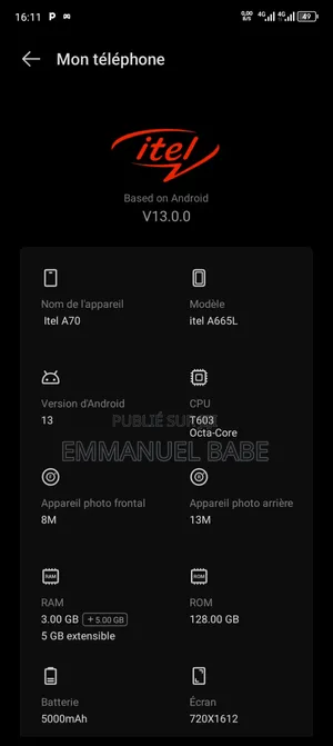 Itel A70 128 GB Noir