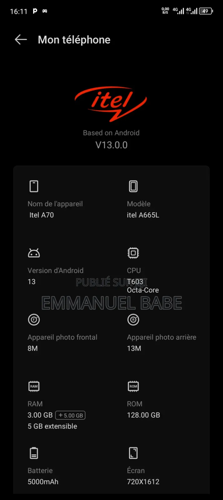 Itel A70 128 GB Noir