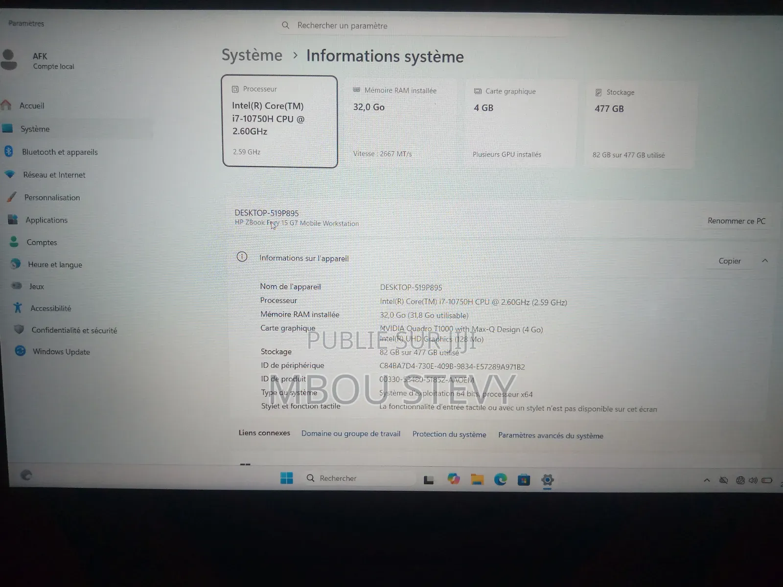 Ordinateur portable HP Zbook Fury 15 G7 32GB Nvidia SSD 512GB